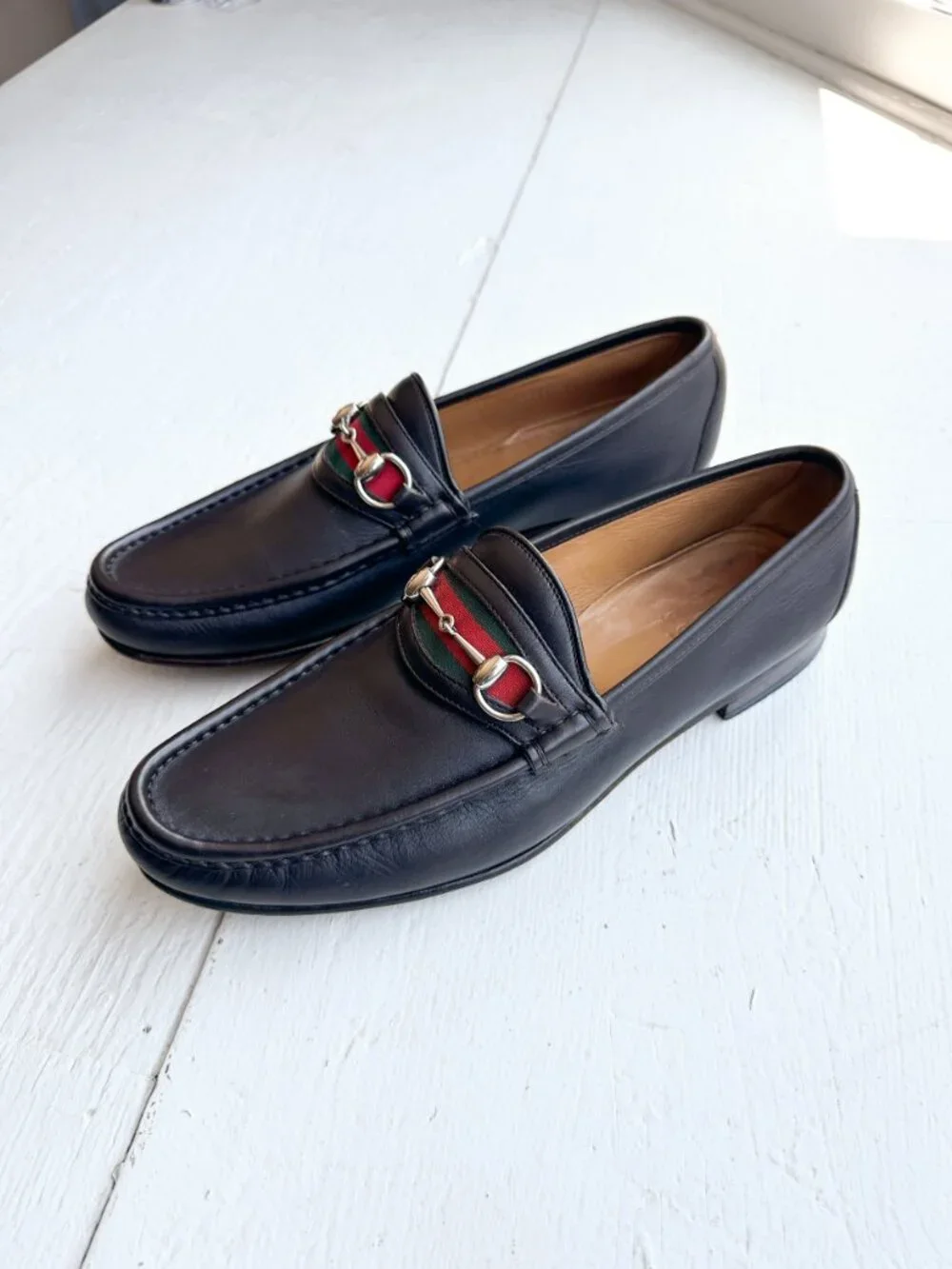 Gucci Black Leather Horsebit Black Leather Web Stripe Men's Loafers - Size 10D